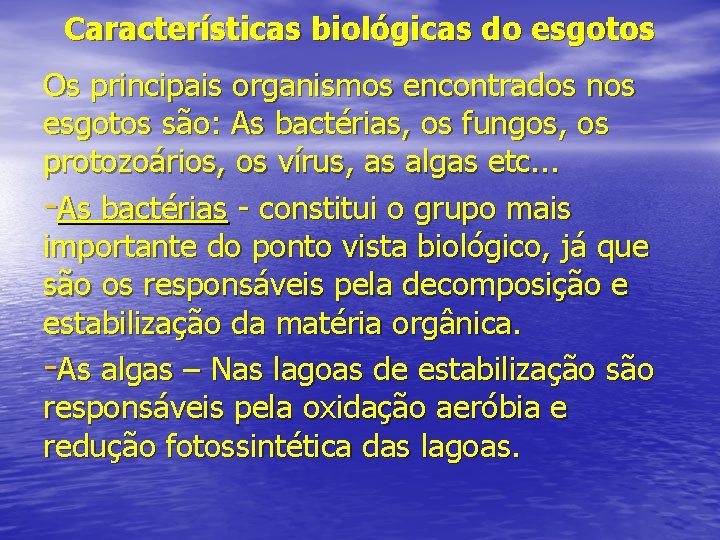 Características biológicas do esgotos Os principais organismos encontrados nos esgotos são: As bactérias, os