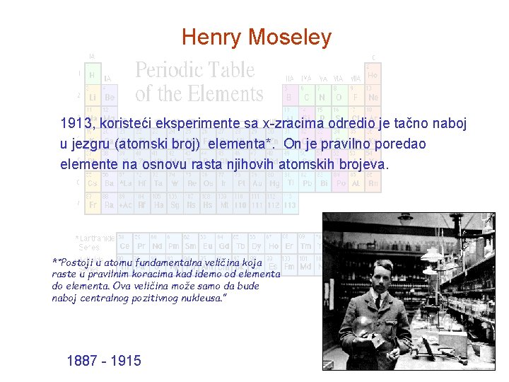 Henry Moseley 1913, koristeći eksperimente sa x-zracima odredio je tačno naboj u jezgru (atomski