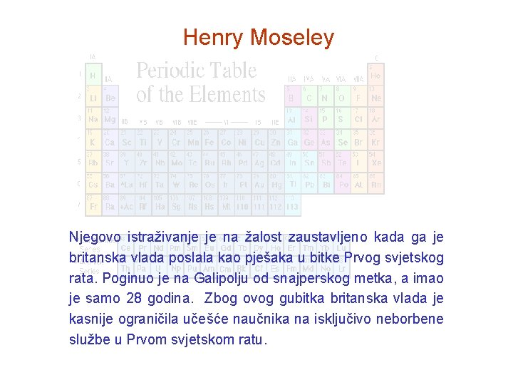 Henry Moseley Njegovo istraživanje je na žalost zaustavljeno kada ga je britanska vlada poslala