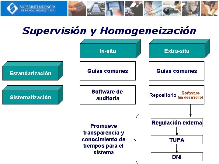 Supervisión y Homogeneización In-situ Extra-situ Estandarización Guías comunes Sistematización Software de auditoría Repositorio (en.