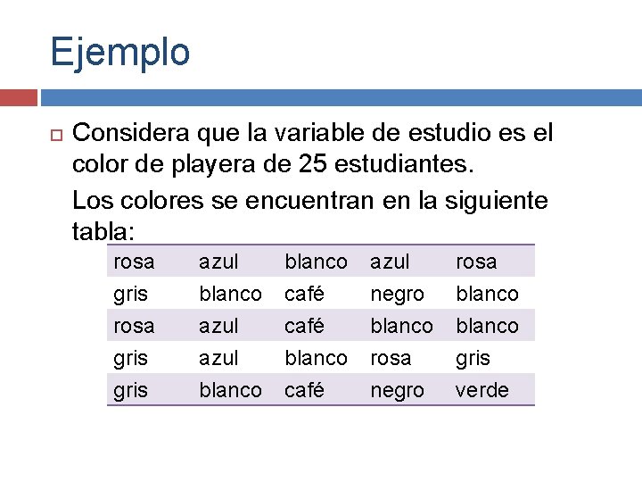 Ejemplo Considera que la variable de estudio es el color de playera de 25