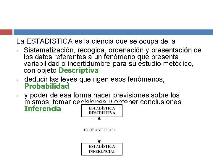 La ESTADISTICA es la ciencia que se ocupa de la • Sistematización, recogida, ordenación