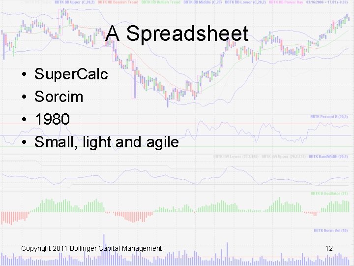 A Spreadsheet • • Super. Calc Sorcim 1980 Small, light and agile Copyright 2011