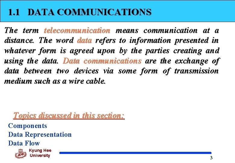 1. 1 DATA COMMUNICATIONS The term telecommunication means communication at a distance. The word