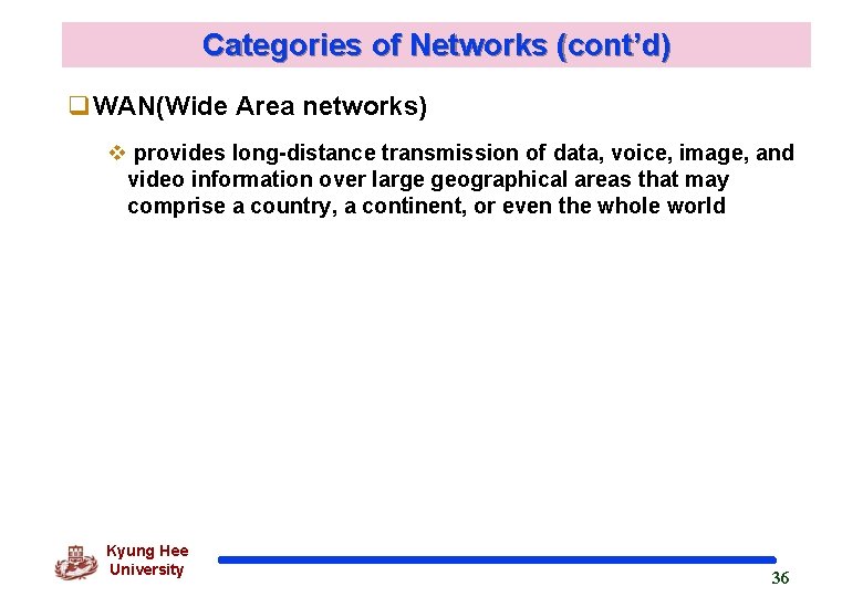 Categories of Networks (cont’d) q. WAN(Wide Area networks) v provides long-distance transmission of data,