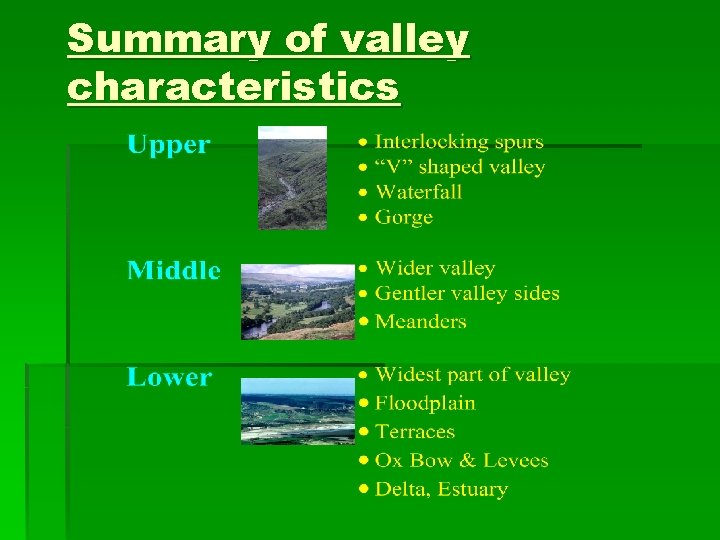 Summary of valley characteristics 