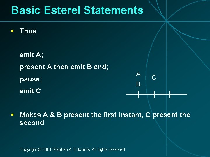 Basic Esterel Statements § Thus emit A; present A then emit B end; pause;