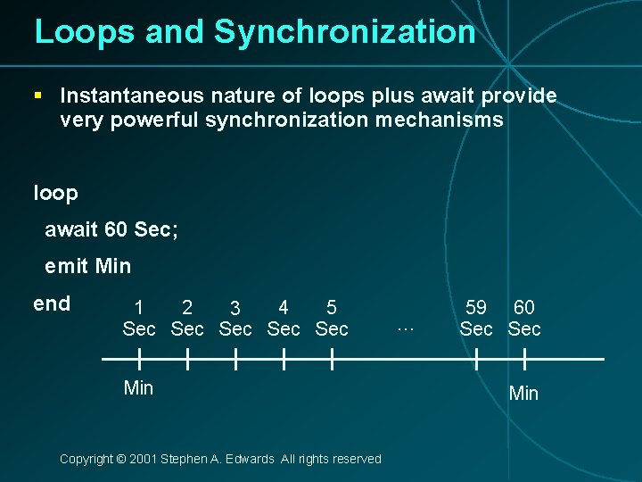 Loops and Synchronization § Instantaneous nature of loops plus await provide very powerful synchronization