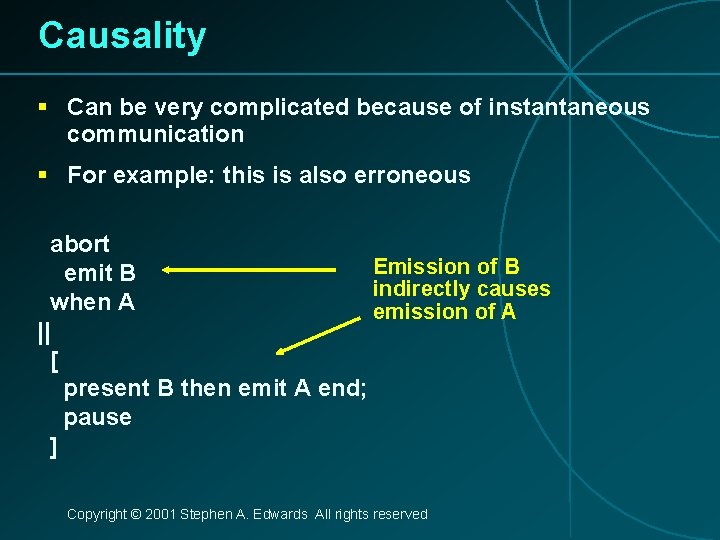 Causality § Can be very complicated because of instantaneous communication § For example: this