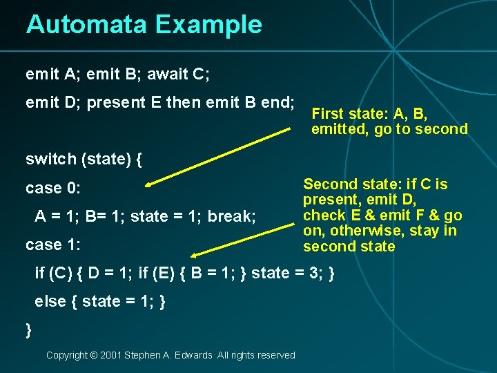 Automata Example emit A; emit B; await C; emit D; present E then emit