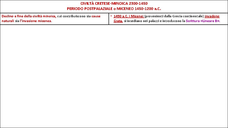 CIVILTÀ CRETESE-MINOICA 2300 -1450 PERIODO POSTPALAZIALE o MICENEO 1450 -1200 a. C. Declino e