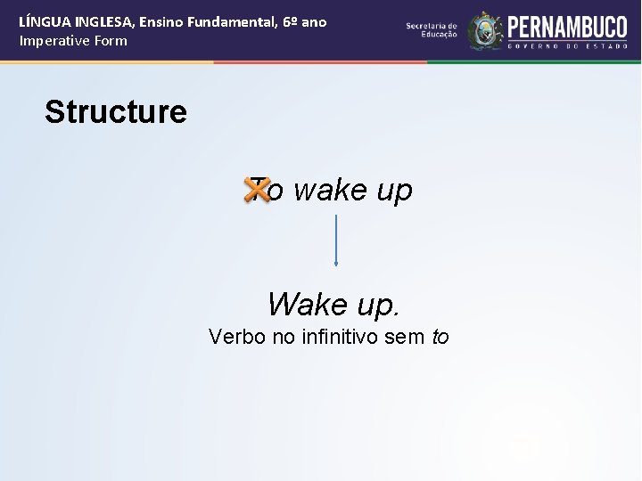 LÍNGUA INGLESA, Ensino Fundamental, 6º ano Imperative Form Structure To wake up Wake up.