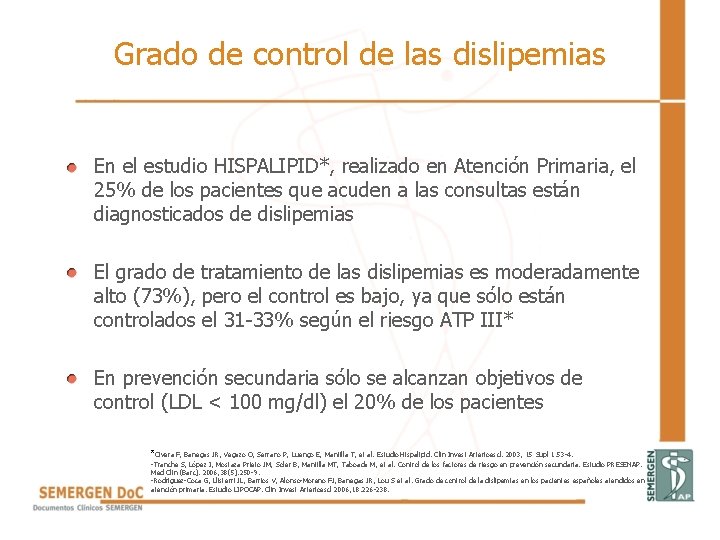 Grado de control de las dislipemias • En el estudio HISPALIPID*, realizado en Atención Grado de control de las dislipemias • En el estudio HISPALIPID*, realizado en Atención