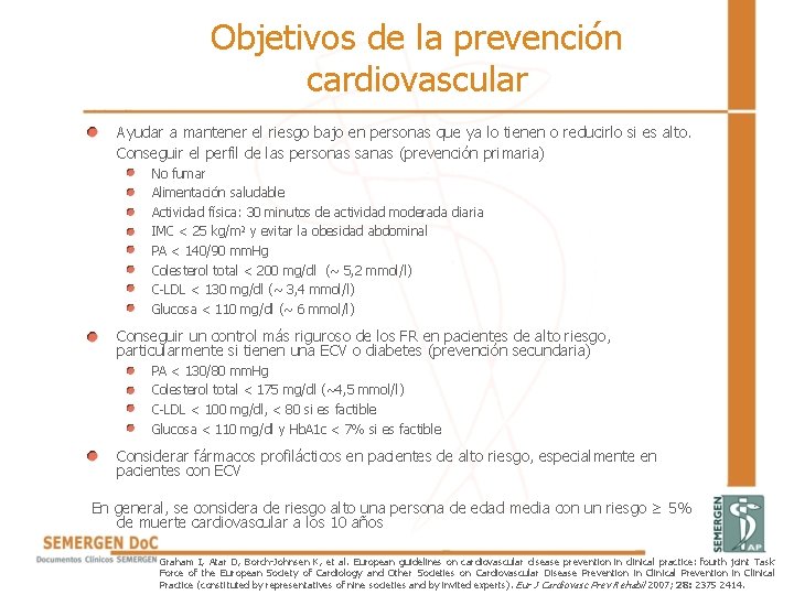 Objetivos de la prevención cardiovascular Ayudar a mantener el riesgo bajo en personas que