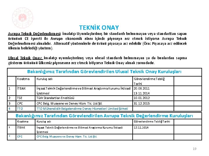 TEKNİK ONAY Avrupa Teknik Değerlendirmesi: İmalatçı Uyumlaştırılmış bir standardı bulunmayan veya standarttan sapan ürününü