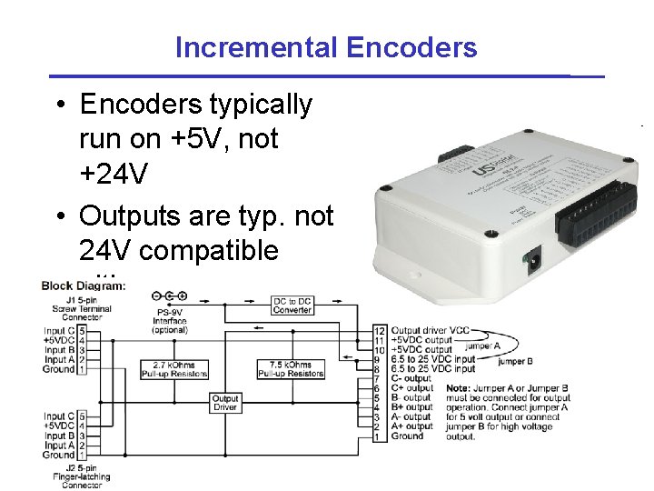 Incremental Encoders • Encoders typically run on +5 V, not +24 V • Outputs