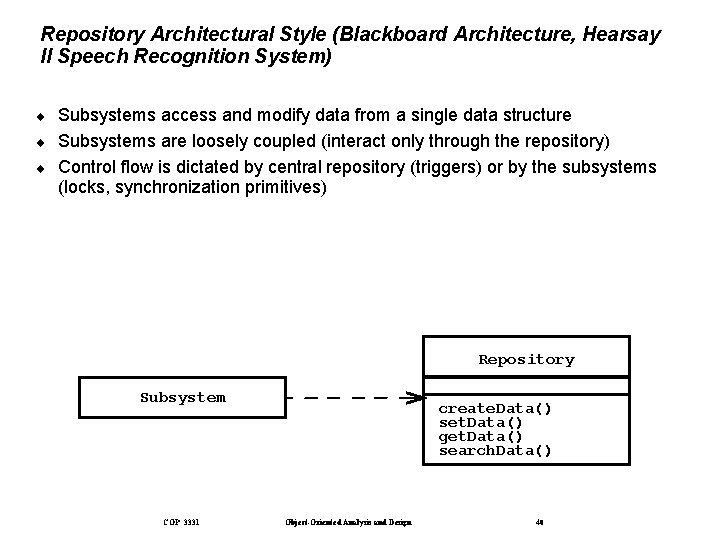 Repository Architectural Style (Blackboard Architecture, Hearsay II Speech Recognition System) ¨ ¨ ¨ Subsystems