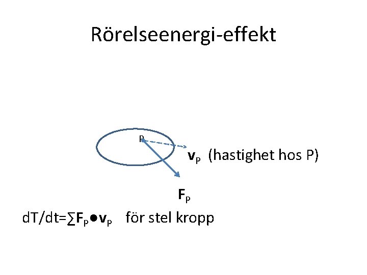 Rörelseenergi-effekt P d. T/dt=∑FP●v. P (hastighet hos P) FP för stel kropp 