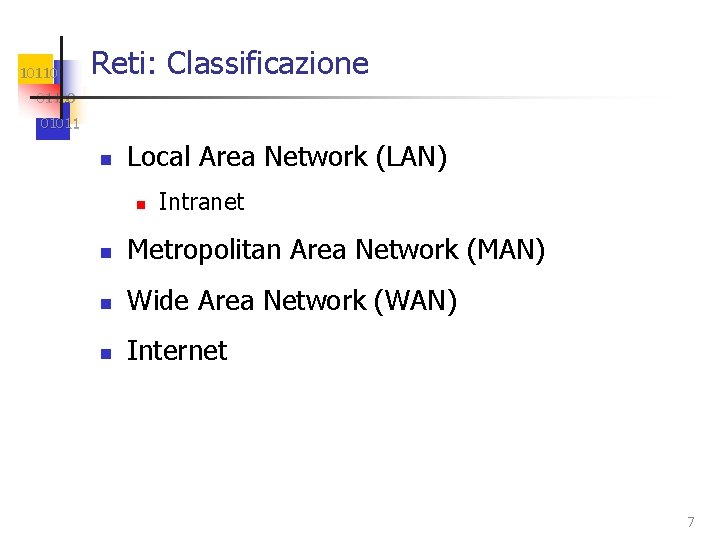 10110 Reti: Classificazione 01100 01011 n Local Area Network (LAN) n Intranet n Metropolitan