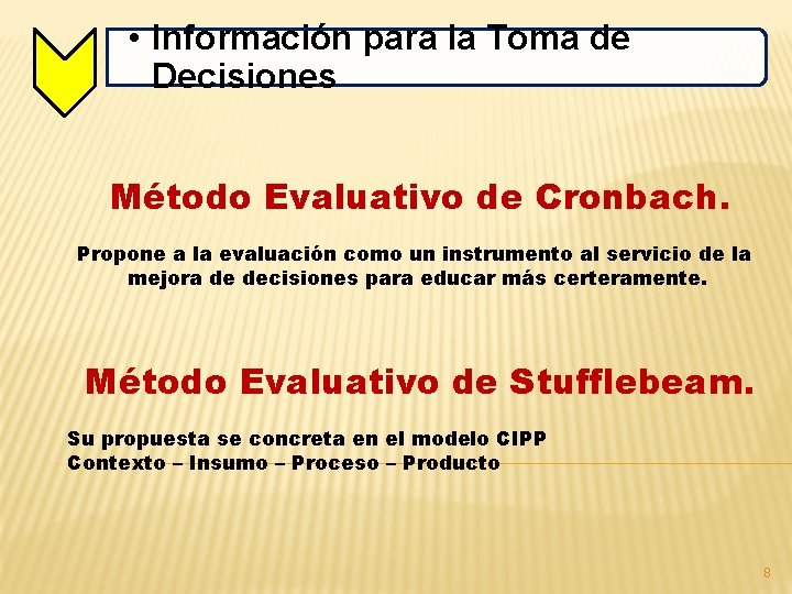  • Información para la Toma de Decisiones Método Evaluativo de Cronbach. Propone a