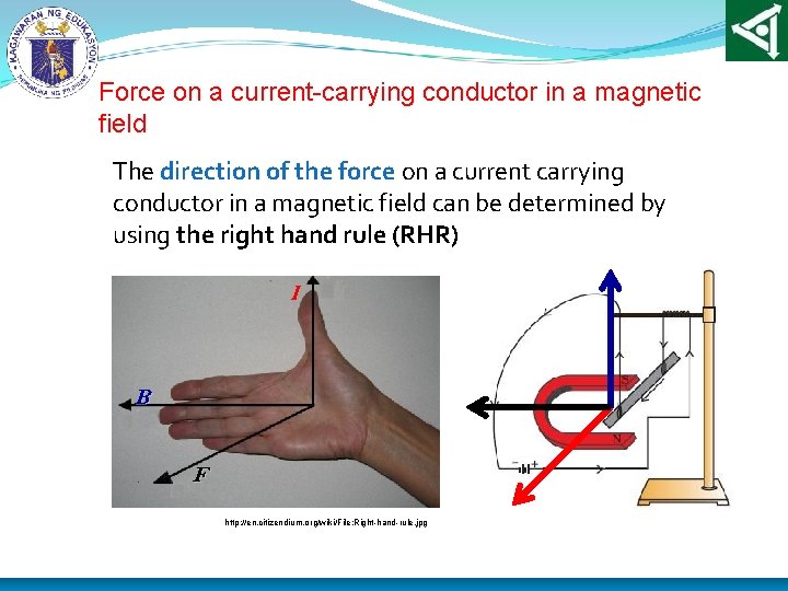 Force on a current-carrying conductor in a magnetic field The direction of the force