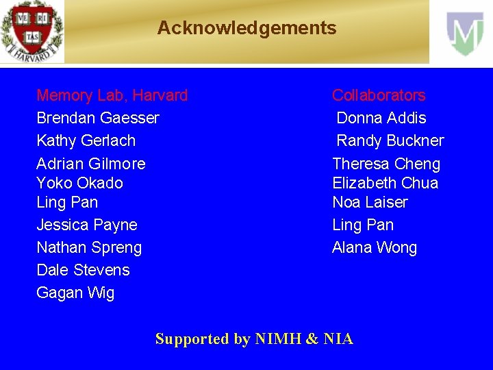 Acknowledgements Memory Lab, Harvard Brendan Gaesser Kathy Gerlach Adrian Gilmore Yoko Okado Ling Pan