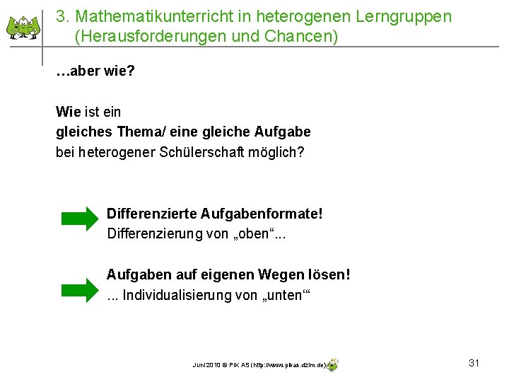 3. Mathematikunterricht in heterogenen Lerngruppen (Herausforderungen und Chancen) …aber wie? Wie ist ein gleiches 3. Mathematikunterricht in heterogenen Lerngruppen (Herausforderungen und Chancen) …aber wie? Wie ist ein gleiches