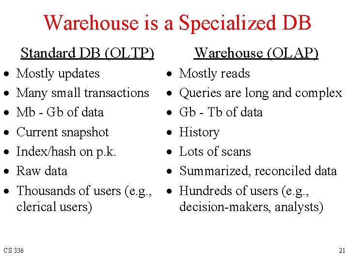 Warehouse is a Specialized DB Standard DB (OLTP) · · · · Mostly updates