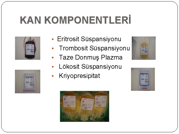 KAN KOMPONENTLERİ • Eritrosit Süspansiyonu • Trombosit Süspansiyonu • Taze Donmuş Plazma • Lökosit KAN KOMPONENTLERİ • Eritrosit Süspansiyonu • Trombosit Süspansiyonu • Taze Donmuş Plazma • Lökosit