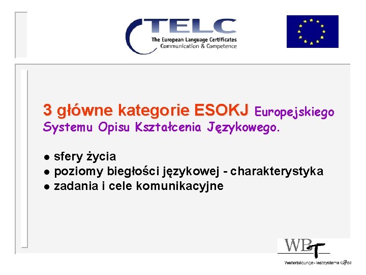 3 główne kategorie ESOKJ Europejskiego Systemu Opisu Kształcenia Językowego. l sfery życia l poziomy
