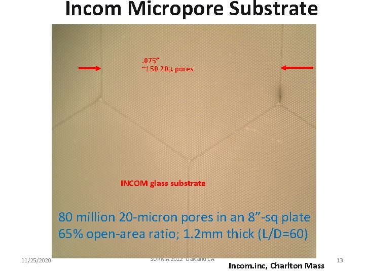 Incom Micropore Substrate. 075” ~150 20 m pores INCOM glass substrate 80 million 20
