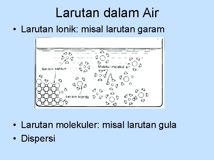 Larutan dalam Air • Larutan Ionik: misal larutan garam • Larutan molekuler: misal larutan