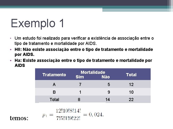 Exemplo 1 • Um estudo foi realizado para verificar a existência de associação entre