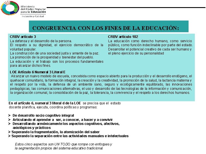 CONGRUENCIA CON LOS FINES DE LA EDUCACIÓN: CRBV artículo 3 La defensa y CONGRUENCIA CON LOS FINES DE LA EDUCACIÓN: CRBV artículo 3 La defensa y