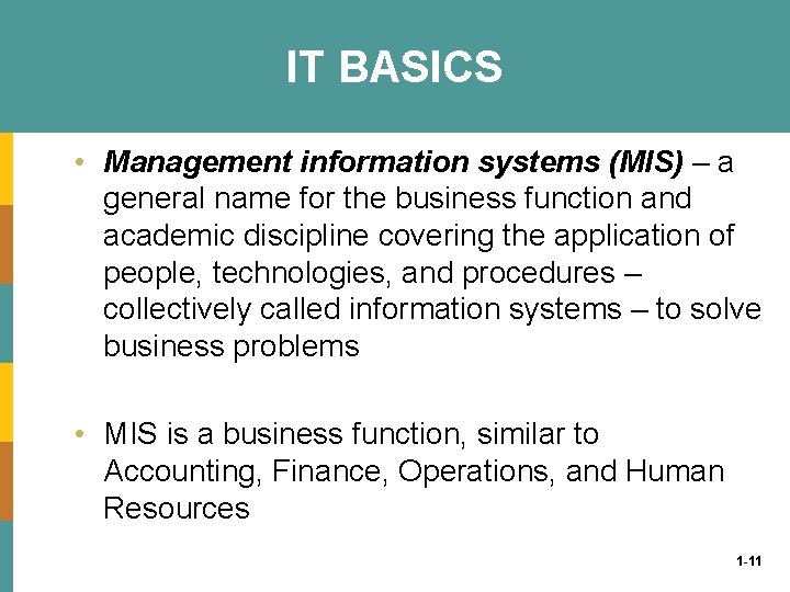 IT BASICS • Management information systems (MIS) – a general name for the business