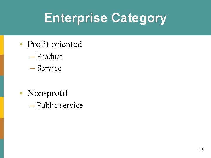 Enterprise Category • Profit oriented – Product – Service • Non-profit – Public service