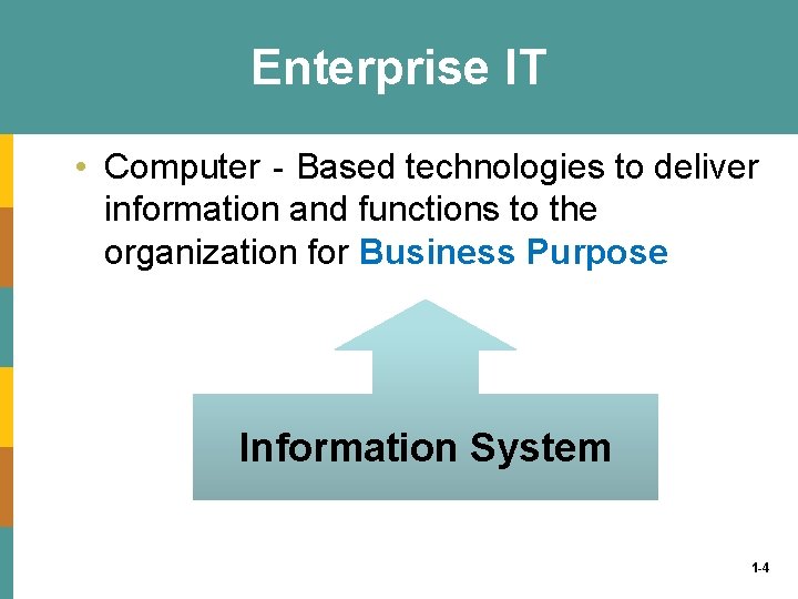 Enterprise IT • Computer‐Based technologies to deliver information and functions to the organization for