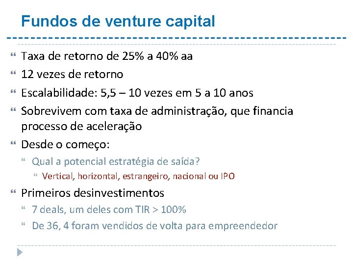 Fundos de venture capital Taxa de retorno de 25% a 40% aa 12 vezes