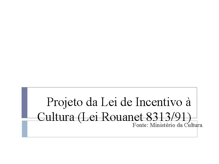 Projeto da Lei de Incentivo à Cultura (Lei Rouanet 8313/91) Fonte: Ministério da Cultura