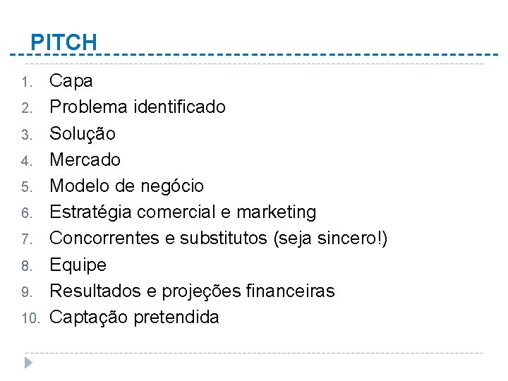 PITCH 1. 2. 3. 4. 5. 6. 7. 8. 9. 10. Capa Problema identificado