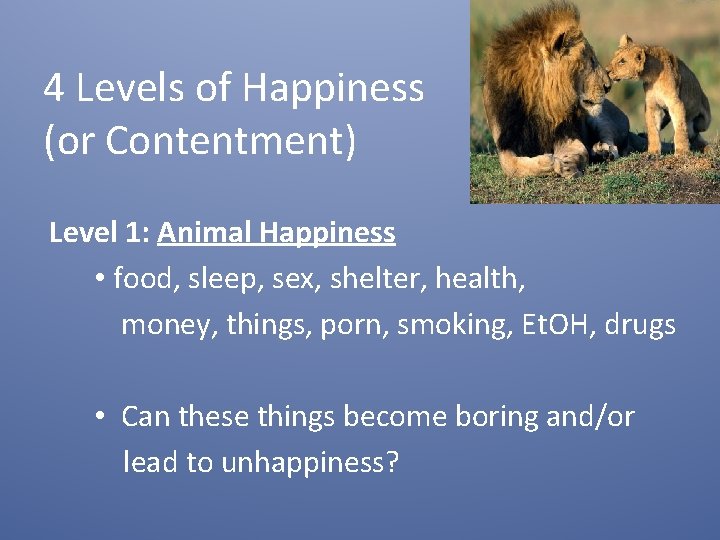 4 Levels of Happiness (or Contentment) Level 1: Animal Happiness • food, sleep, sex, 4 Levels of Happiness (or Contentment) Level 1: Animal Happiness • food, sleep, sex,