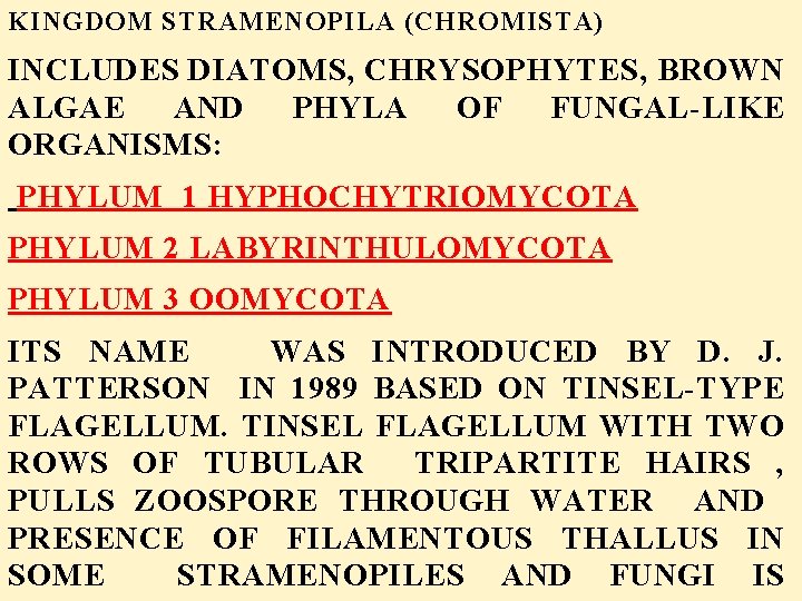 KINGDOM STRAMENOPILA (CHROMISTA) INCLUDES DIATOMS, CHRYSOPHYTES, BROWN ALGAE AND PHYLA OF FUNGAL-LIKE ORGANISMS: PHYLUM