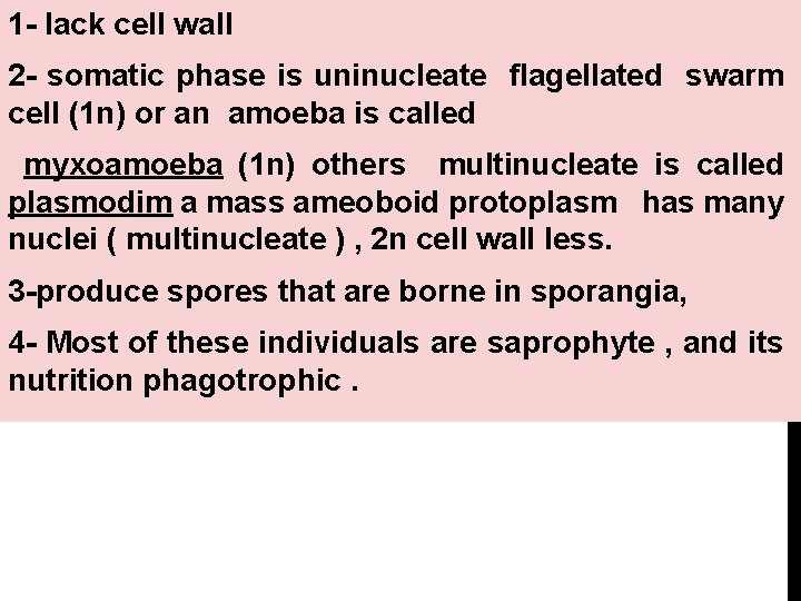 1 - lack cell wall 2 - somatic phase is uninucleate flagellated swarm cell