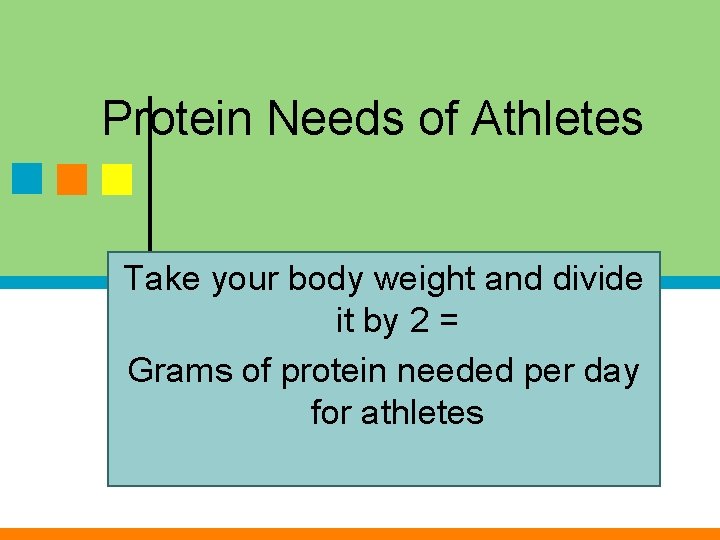 Protein Needs of Athletes Take your body weight and divide it by 2 =