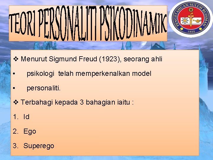 v Menurut Sigmund Freud (1923), seorang ahli • psikologi telah memperkenalkan model • personaliti.