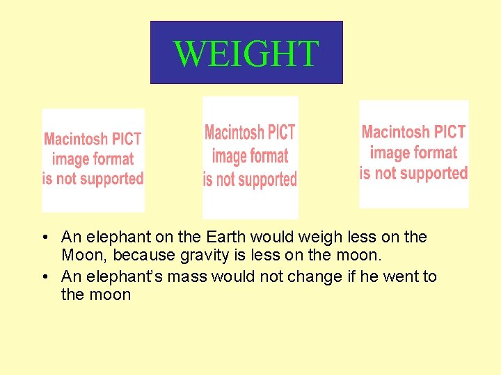 WEIGHT • An elephant on the Earth would weigh less on the Moon, because