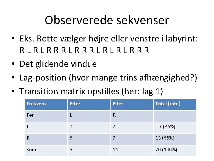 Observerede sekvenser • Eks. Rotte vælger højre eller venstre i labyrint: RLRLRRRLRLRLRRR • Det