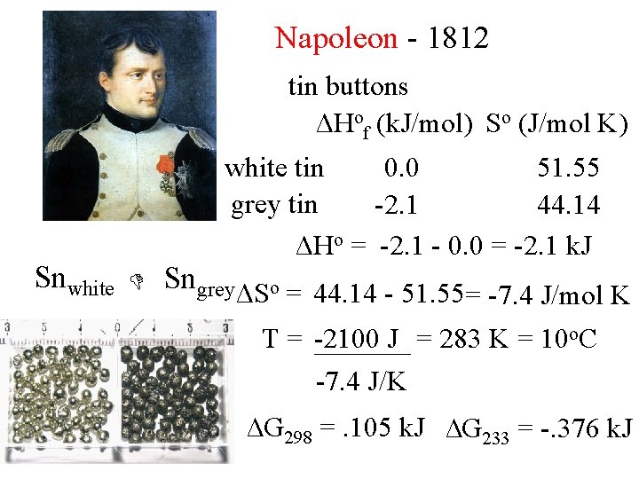 Napoleon - 1812 tin buttons ΔHof (k. J/mol) So (J/mol K) Snwhite tin 0.
