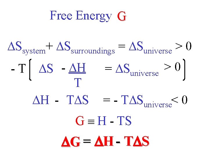 Free Energy G Ssystem+ Ssurroundings = Suniverse > 0 - T S - H