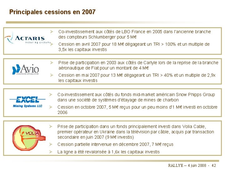 Principales cessions en 2007 Ø Co-investissement aux côtés de LBO France en 2005 dans